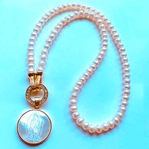 Genuine Fresh Water Pearl Necklace with Mother of Pearl St. Guadalupe Pendant